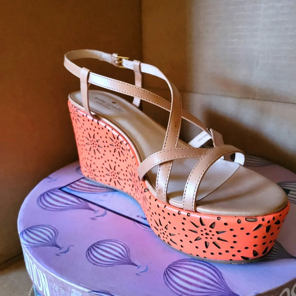 Kate Spade Wedge Sandal Heel / Tan & Orange / Size 9.5 / New In Box - Picture 1 of 7
